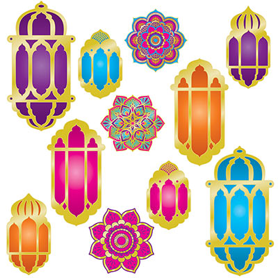Foil Lantern & Mandala Cutouts in bright beautiful colors on card stock material.