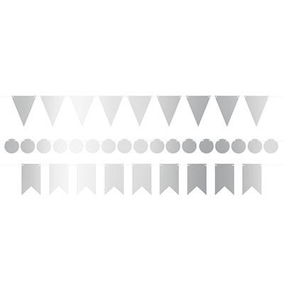 Silver Foil Mini Streamer Kit with shapes of triangles, circles and pennants to mix to your own liking.