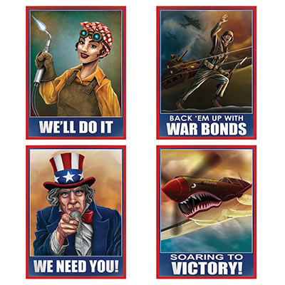 Card stock World War II Posters of patriotic images printed in great detail.