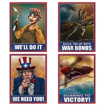 Card stock World War II Posters of patriotic images printed in great detail.