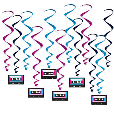 Black, cerise, and light blue metallic whirls with some whirls including card stock icon cassette tapes attached.