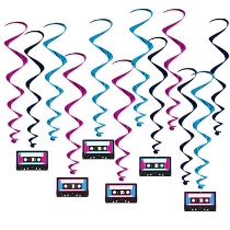 Black, cerise, and light blue metallic whirls with some whirls including card stock icon cassette tapes attached.