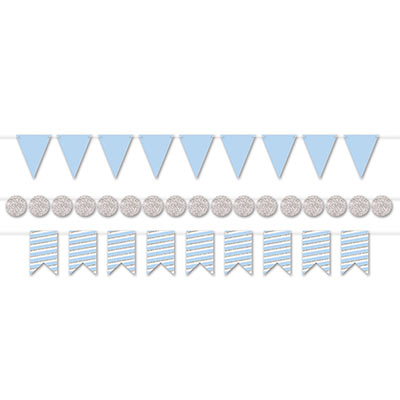 Light blue and silver Foil Mini Streamer Kit with shapes of triangles, circles and pennants to mix to your own liking.