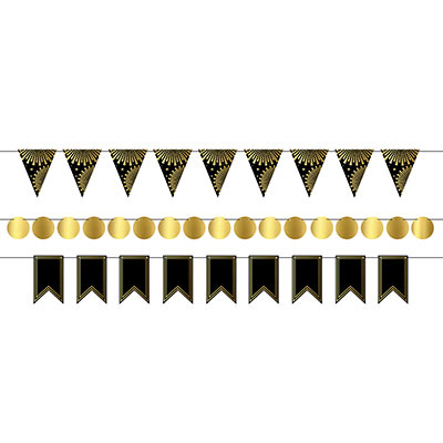 Black and gold Foil Mini Streamer Kit with shapes of triangles, circles and pennants to mix to your own liking.
