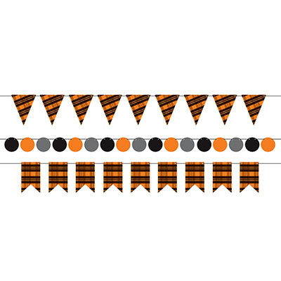 Foil Mini Streamer Kit with shapes of triangles and pennants with an orange and black flannel look with circles to mix to your own liking.