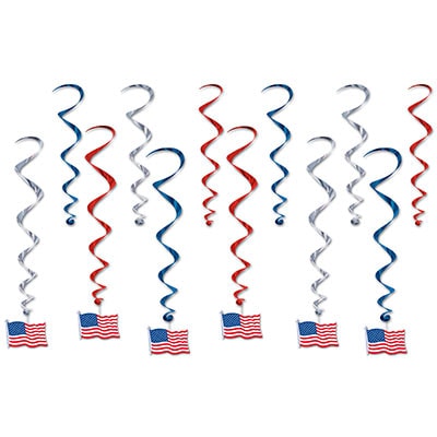 American Flag Whirls (Pack of 72) American Flag Whirls, American, flag, whirls, red, silver, blue, decoration, patriotic, july 4th, wholesale, inexpensive, bulk