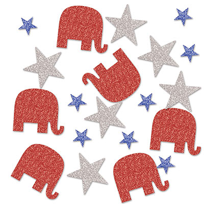 Republican Deluxe Sparkle Confetti (Pack of 12) Republican Deluxe Sparkle Confetti, Republican, confetti, decoration, patriotic, july 4th, independence day, star, elephant, wholesale, inexpensive, bulk