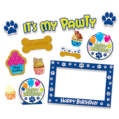 The Dog Birthday Party Kit celebrates your dog's birthday with a streamer, cutouts, centerpiece and photo frame.