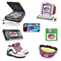 90's Cutouts (Pack of 84) 90's Cutouts, 90's, cutouts, decoration, floppy disk, computer, sneakers, walkman, wholesale, inexpensive, bulk