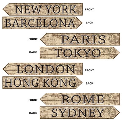 Around The World Street Sign Cutouts (Pack of 48) Around The World Street Sign Cutouts, around the world, street sign, cutouts, decoration, new years eve, prom, wholesale, inexpensive, bulk