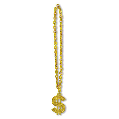 Gold Chain Beads w/"$" Medallion (Pack of 12) Gold Chain Beads with "$" Medallion, gold chain, $, beads, party favor, casino, 80s, wholesale, inexpensive, bulk