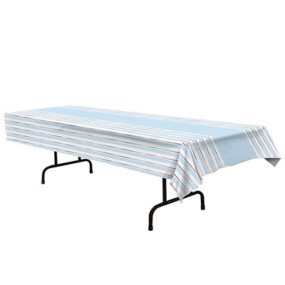Striped Tablecover (Pack of 12) Striped Tablecover, striped, silver, white, blue, baby shower, boy, decoration, wholesale, inexpensive, bulk