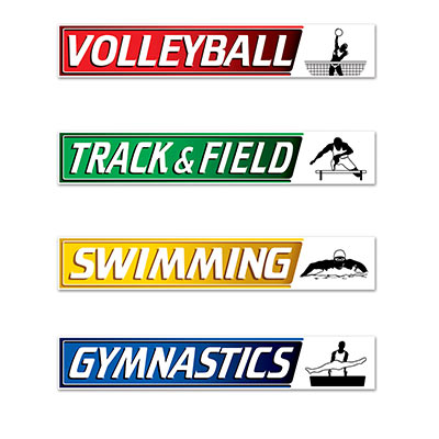 Summer Sports Street Sign Cutouts (Pack of 48) Summer Sports Street Sign Cutouts, summer, sports, swimming, weightlifting, volleyball, boxing, track and field, fencing, gymnastics, diving, wholesale, inexpensive, bulk