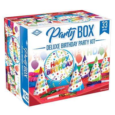 Deluxe Birthday Party Box (Pack of 6) Deluxe Birthday Party Box, birthday, party box, hats, streamer, squawkers, leis, decoration, party favor, wholesale, inexpensive, bulk, whirl