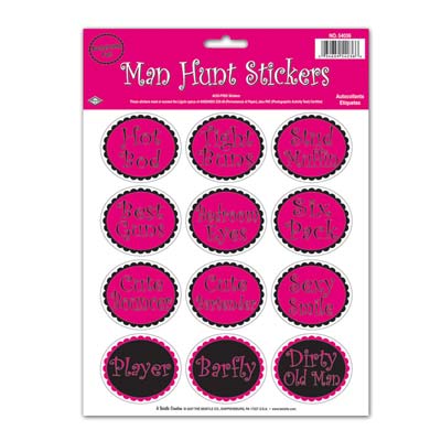 Man Hunt Stickers are pink and black stickers that states "Hot Bod", "Six Pack", and more.