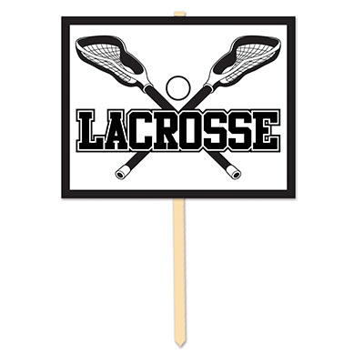 A lacrosse sign to put in your yard with a white sign and black lacrosse gear. 