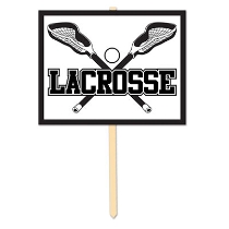 A lacrosse sign to put in your yard with a white sign and black lacrosse gear. 