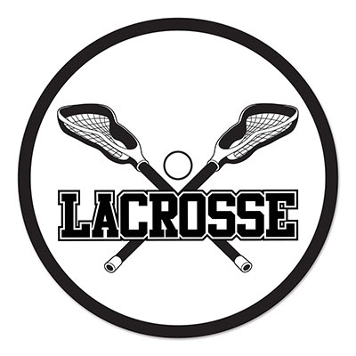 Lacrosse cutout on card stock material with a white background and black printing of lacrosse gear.