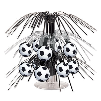 Soccer Ball Mini Cascade Centerpiece with soccer icons attached to silver and black cascade metallic strands.