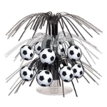 Soccer Ball Mini Cascade Centerpiece with soccer icons attached to silver and black cascade metallic strands.