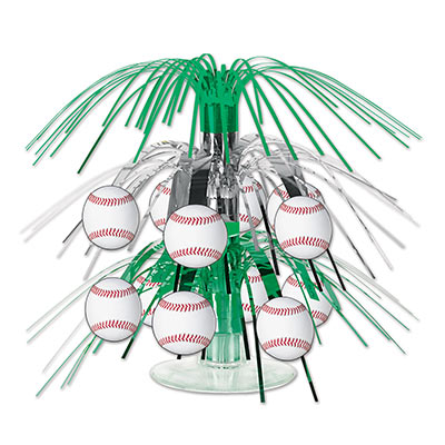 Baseball Mini Cascade Centerpiece with baseball icons attached to silver and green metallic strands.