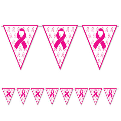 Pennant banner with pink ribbons printed on for breast cancer awareness.