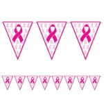 Pennant banner with pink ribbons printed on for breast cancer awareness.