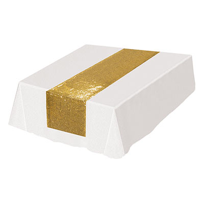 Gold fabric sequined table runner.