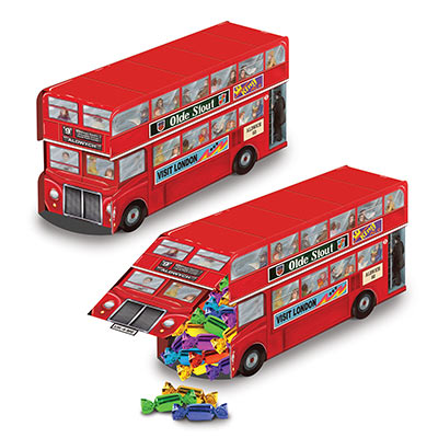 3-D Double Decker Bus Centerpiece printed in great detail of a red bus and people riding.