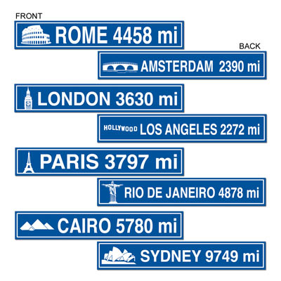 Travel Street Sign Cutouts are blue in color with white travel signs of Rome, London, Paris and more.