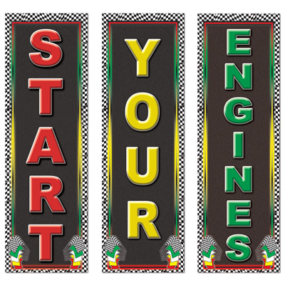 Racing Cutouts of signs telling your racers to "Start Your Engines" in red, yellow and green.