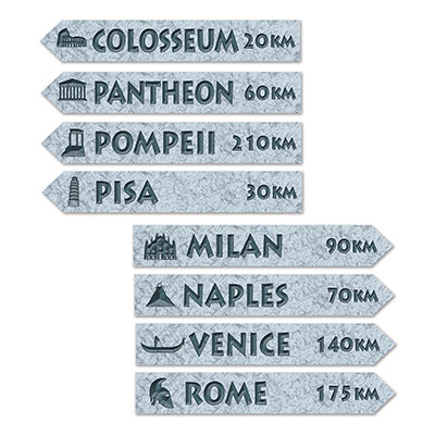 Italian Street Sign Cutouts printed with a marble looking background and places such as Venice, Rome, and Pisa.