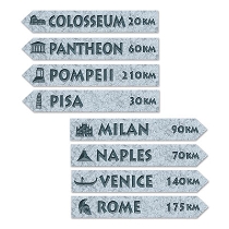 Italian Street Sign Cutouts printed with a marble looking background and places such as Venice, Rome, and Pisa.