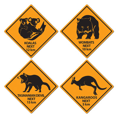 Outback Road Sign Cutouts printed with an orange background with animals printed in black.