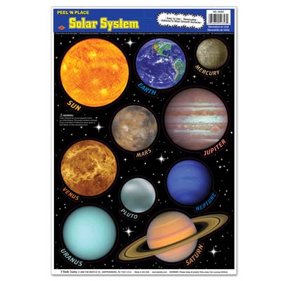 Solar System Peel N Place with printed planets from the solar system on thin plastic material.