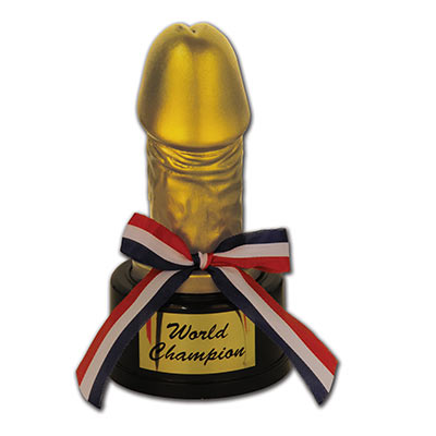 Golden Willie Award with and red, white and blue ribbon for a bachelorette party