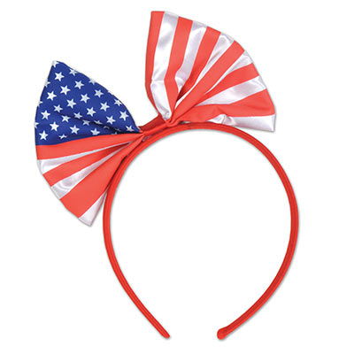 head bopper headband with a bow with the design of the American flag at the top