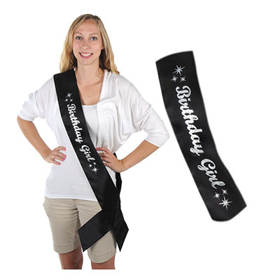 Black with Silver Glittered Birthday Girl Satin Sash
