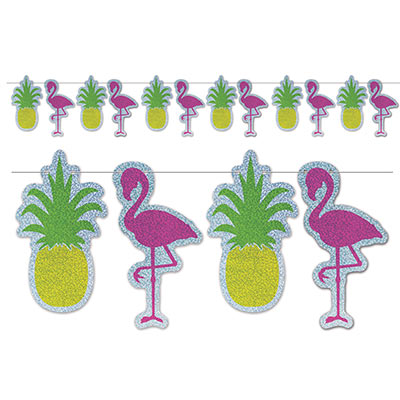 Streamer with pineapple and flamingo cutouts attached.