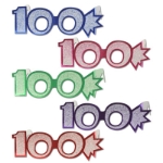 Glittered "100" Foil Eyeglasses in assorted colors of blue, pink, green, purple, and red.