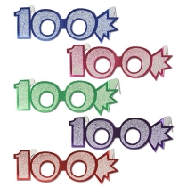 Glittered "100" Foil Eyeglasses in assorted colors of blue, pink, green, purple, and red.