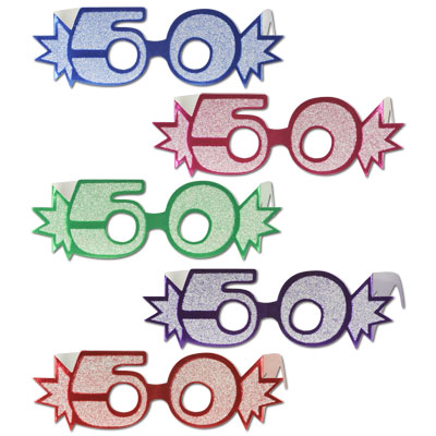 Glittered "50" Foil Eyeglasses in assorted colors of blue, pink, green, purple, and red.