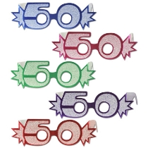 Glittered "50" Foil Eyeglasses in assorted colors of blue, pink, green, purple, and red.