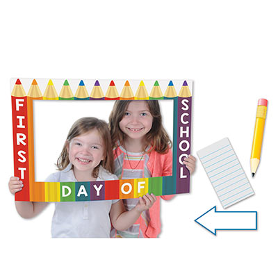School Days Photo Fun Frame with a boarder that replicates a rainbow set of colored pencils.