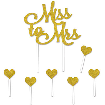 Miss To Mrs Cake Topper with a golden glittered "Miss to Mrs" including six hearts.