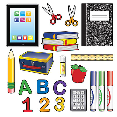 School Days Cutouts of school supplies of a lunchbox, notebook, markers and more.