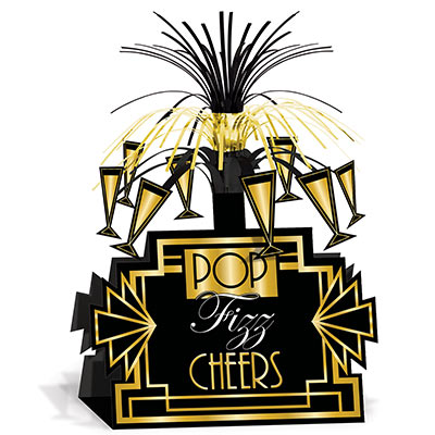 Black and gold centerpiece with cascading metallic strands and card stock black background base with gold and white Pop, Fizz and Cheers.