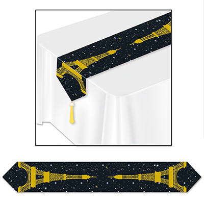 Printed Eiffel Tower Table Runner with a black background, gold Eiffel Towers and stars in the background.