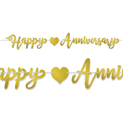 Foil Happy Anniversary Streamer is printed on foil material with letter cutouts to spell "Happy Anniversary" with a golden heart in the middle.