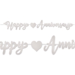 Foil Happy Anniversary Streamer is printed on foil material with letter cutouts to spell "Happy Anniversary" with a silver heart in the middle.